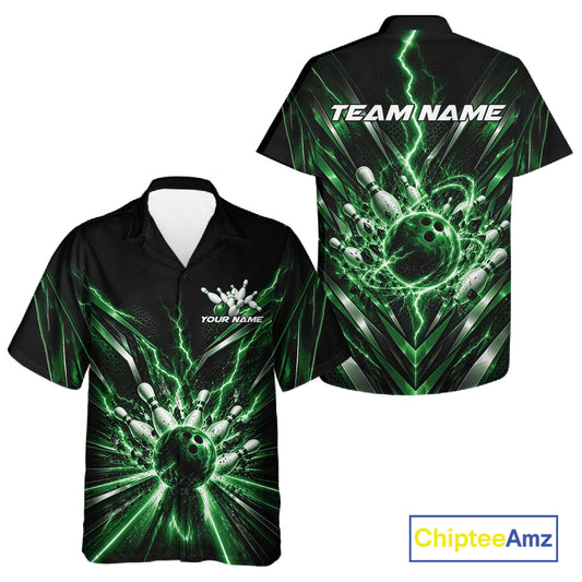 Custom Green Lightning Bowling Team Jersey, Matching Bowling League Button Up Shirt For Men And Women IPHW12345