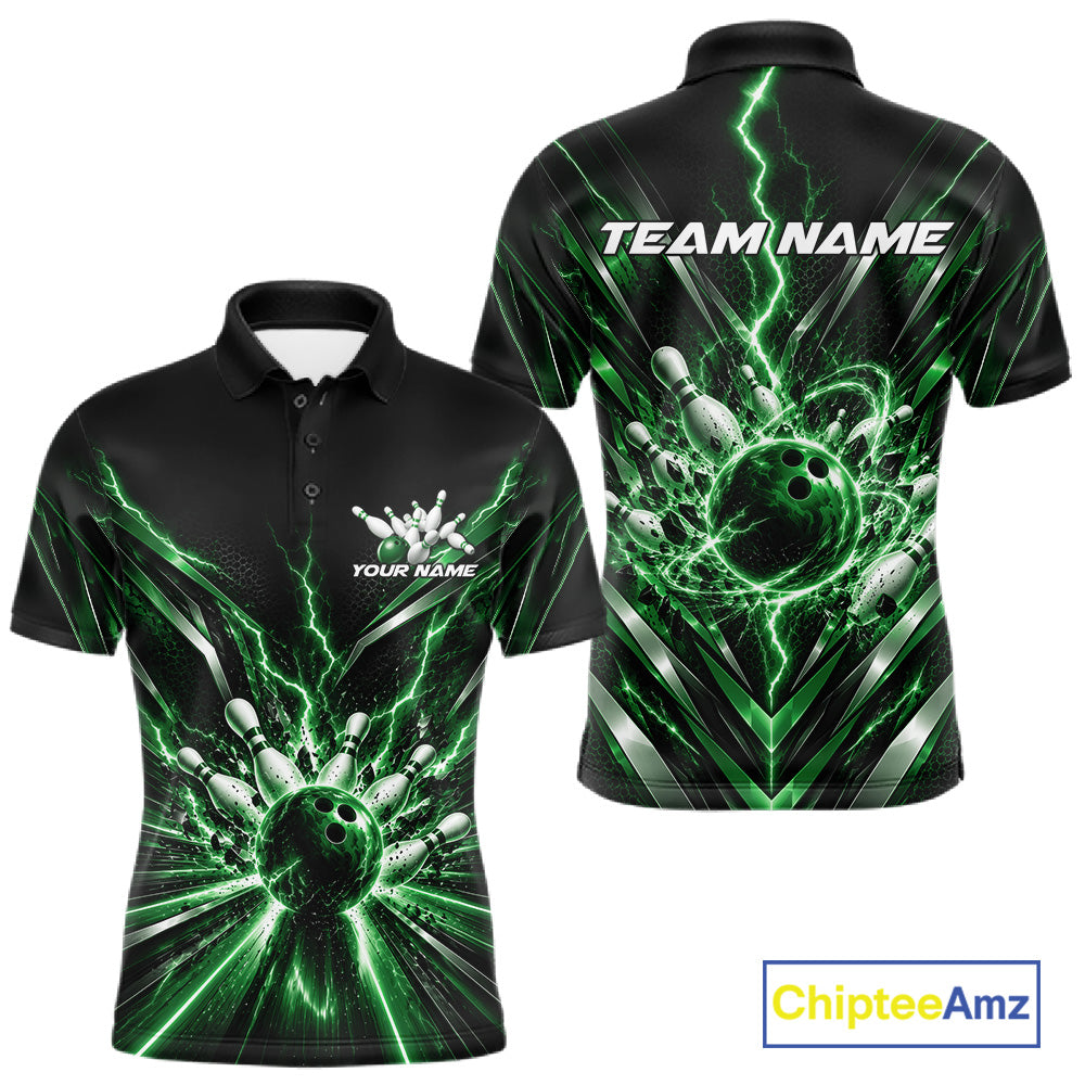 Custom Green Lightning Bowling Team Jersey, Matching Bowling League Polo Shirt For Men IPHW12345