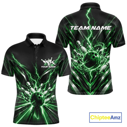 Custom Green Lightning Bowling Team Jersey, Matching Bowling League Polo Shirt For Men IPHW12345