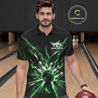 Custom Green Lightning Bowling Team Jersey, Matching Bowling League Polo Shirt For Men IPHW12345