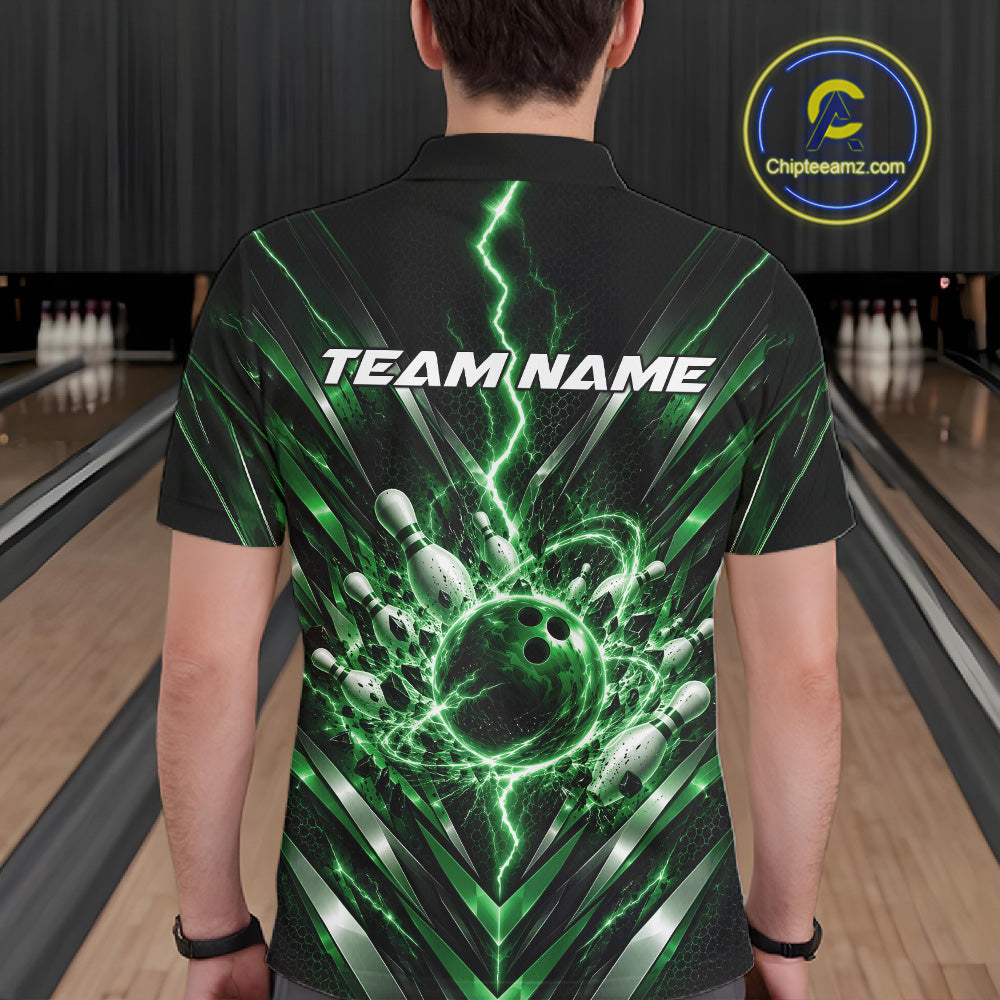 Custom Green Lightning Bowling Team Jersey, Matching Bowling League Polo Shirt For Men IPHW12345