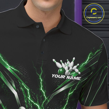 Custom Green Lightning Bowling Team Jersey, Matching Bowling League Polo Shirt For Men IPHW12345