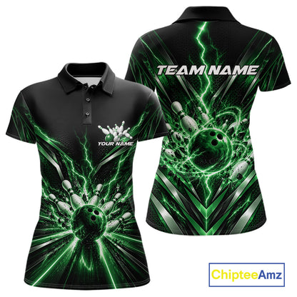 Custom Green Lightning Bowling Team Jersey, Matching Bowling League Polo Shirt For Women IPHW12345