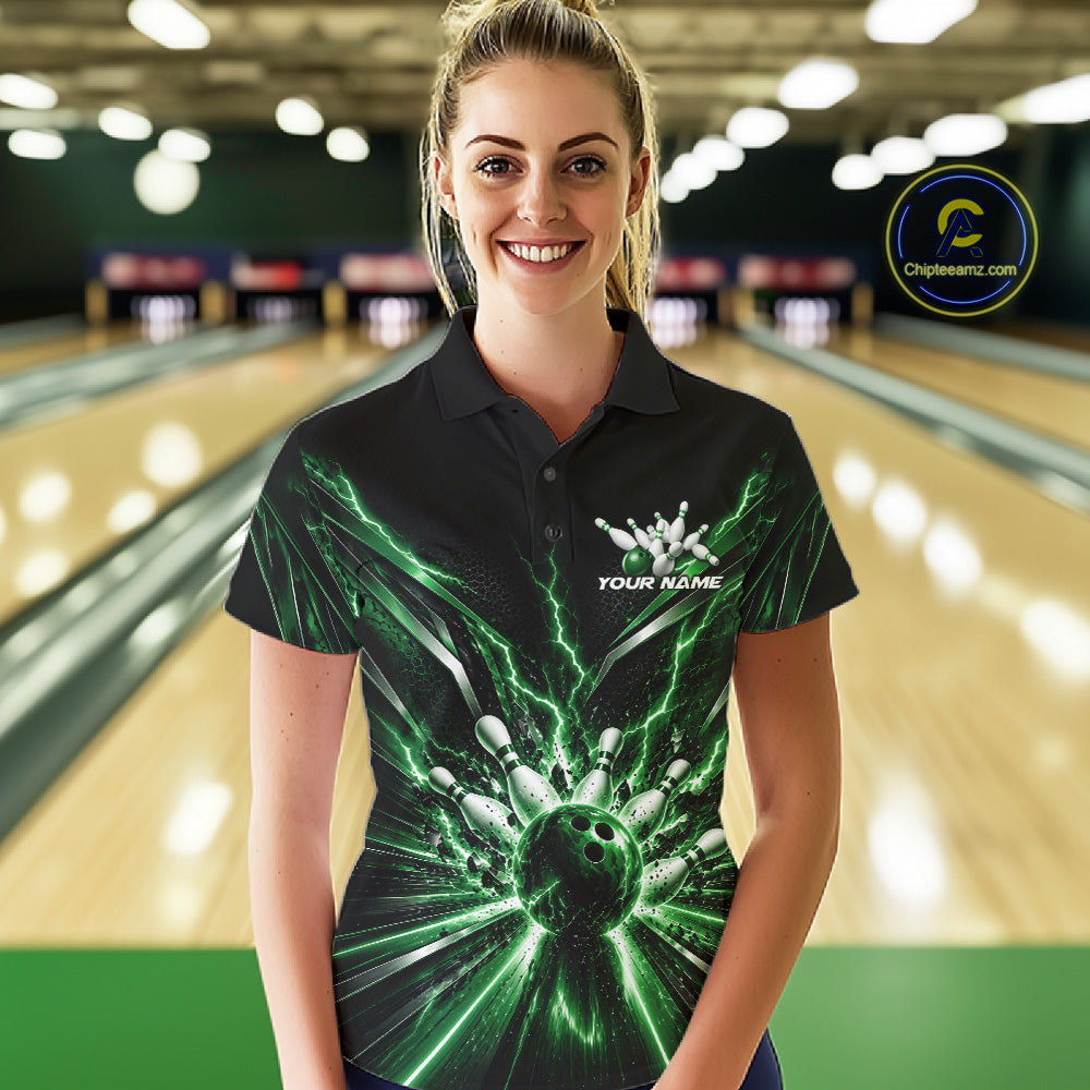 Custom Green Lightning Bowling Team Jersey, Matching Bowling League Polo Shirt For Women IPHW12345
