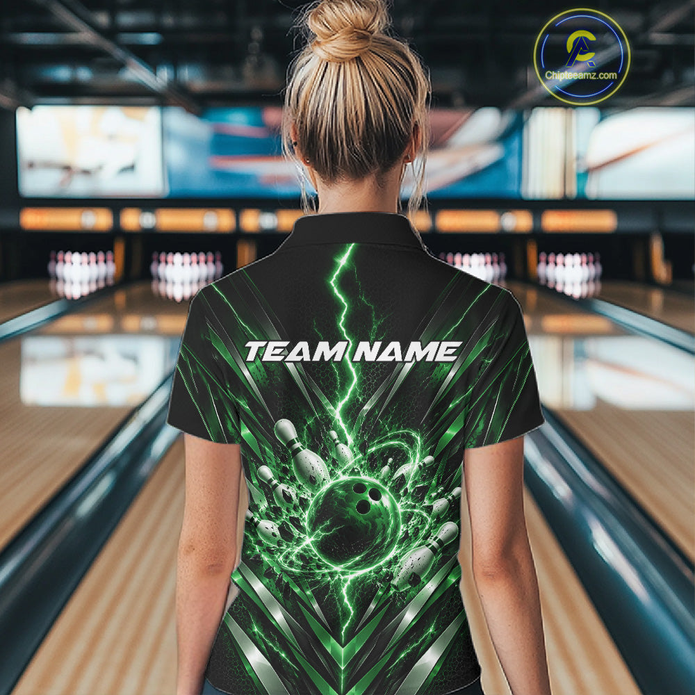 Custom Green Lightning Bowling Team Jersey, Matching Bowling League Polo Shirt For Women IPHW12345