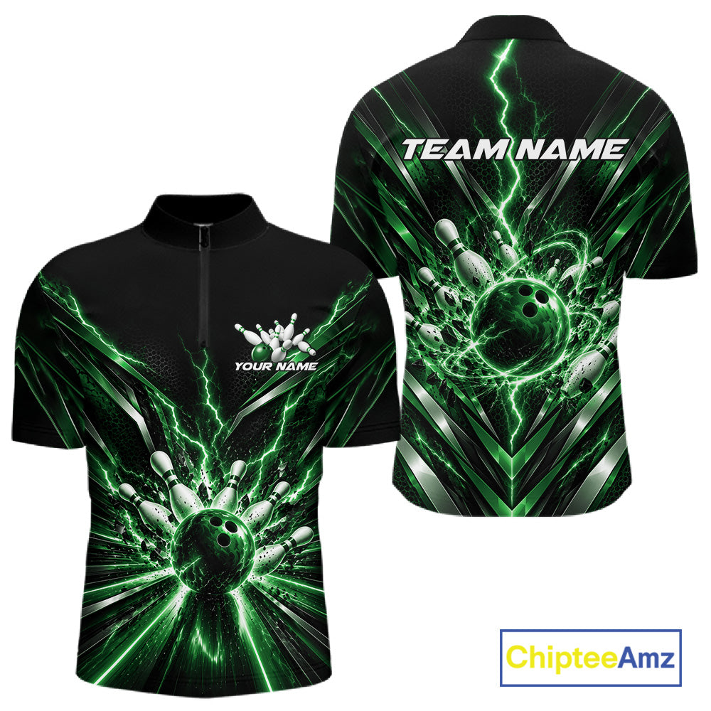 Custom Green Lightning Bowling Team Jersey, Matching Bowling League Quarter Zip Shirt For Men IPHW12345