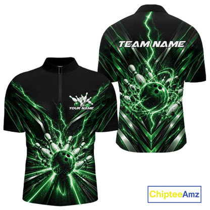 Custom Green Lightning Bowling Team Jersey, Matching Bowling League Quarter Zip Shirt For Men IPHW12345