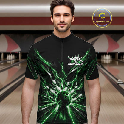 Custom Green Lightning Bowling Team Jersey, Matching Bowling League Quarter Zip Shirt For Men IPHW12345