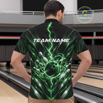 Custom Green Lightning Bowling Team Jersey, Matching Bowling League Quarter Zip Shirt For Men IPHW12345