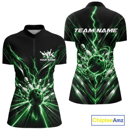 Custom Green Lightning Matching Bowling League Quarter-Zip Shirt For Women IPHW12345