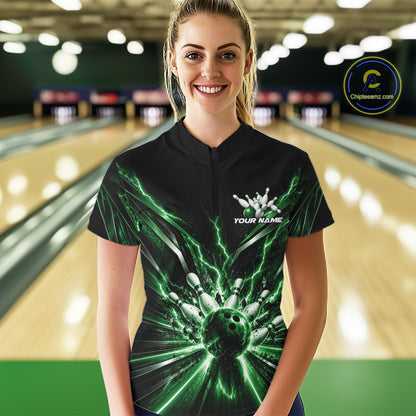 Custom Green Lightning Matching Bowling League Quarter-Zip Shirt For Women IPHW12345