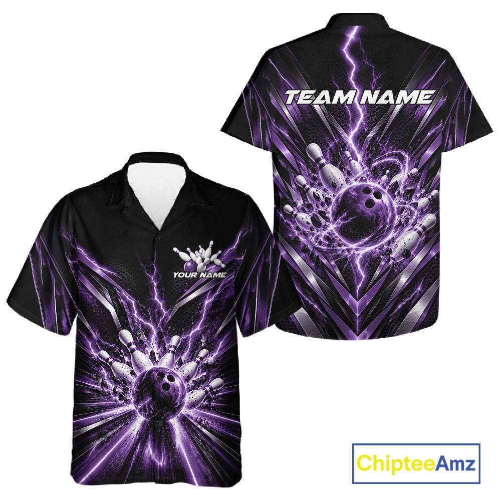 Custom Purple Lightning Bowling Team Jersey, Matching Bowling League Button Up Shirt For Men And Women IPHW12346