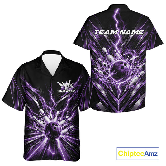 Custom Purple Lightning Bowling Team Jersey, Matching Bowling League Button Up Shirt For Men And Women IPHW12346