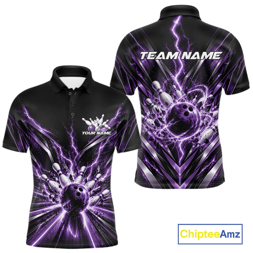 Custom Purple Lightning Bowling Team Jersey, Matching Bowling League Polo Shirt For Men IPHW12346
