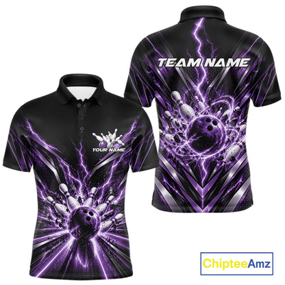 Custom Purple Lightning Bowling Team Jersey, Matching Bowling League Polo Shirt For Men IPHW12346
