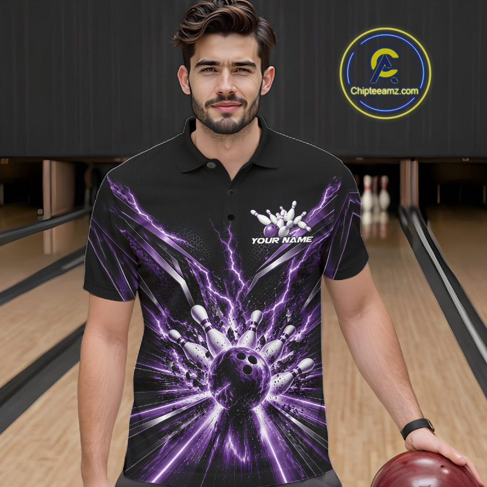 Custom Purple Lightning Bowling Team Jersey, Matching Bowling League Polo Shirt For Men IPHW12346