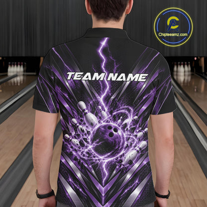 Custom Purple Lightning Bowling Team Jersey, Matching Bowling League Polo Shirt For Men IPHW12346