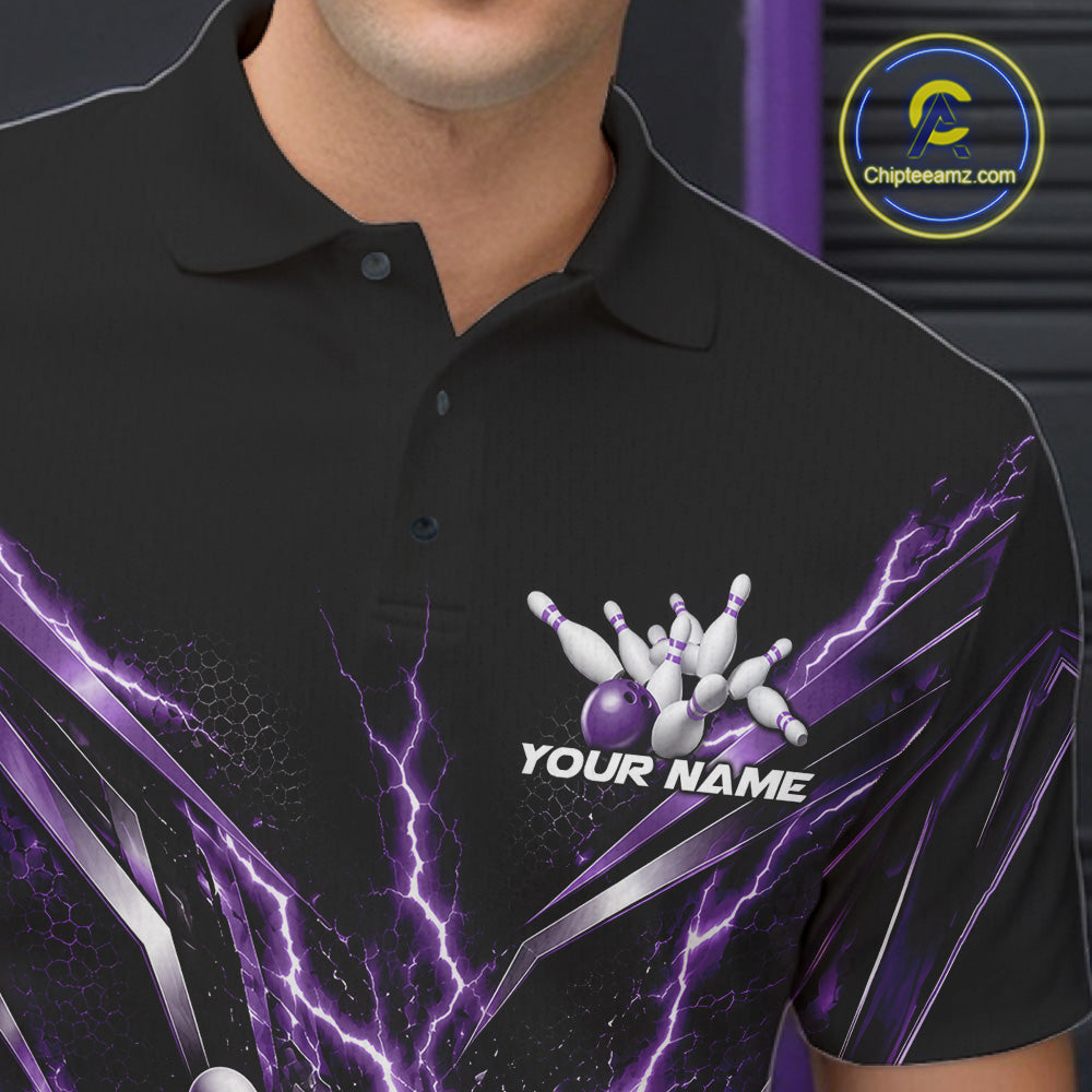 Custom Purple Lightning Bowling Team Jersey, Matching Bowling League Polo Shirt For Men IPHW12346
