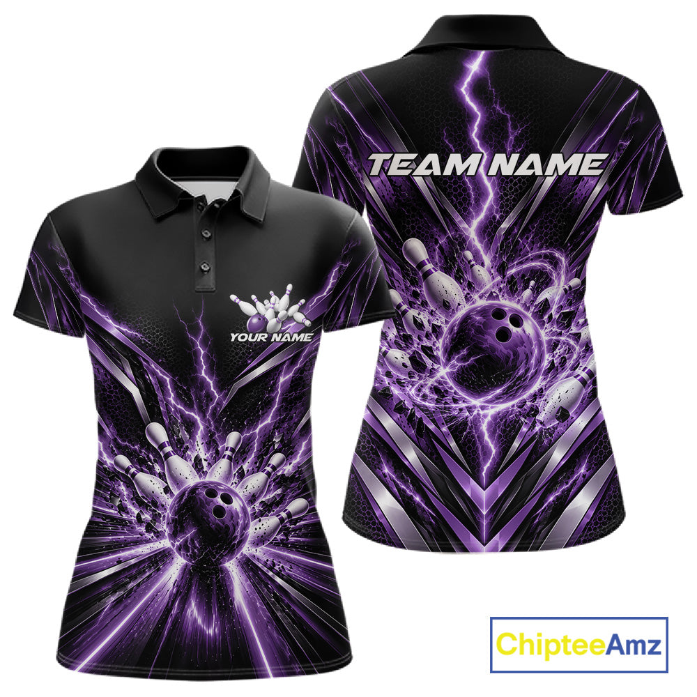 Custom Purple Lightning Bowling Team Jersey, Matching Bowling League Polo Shirt For Women IPHW12346