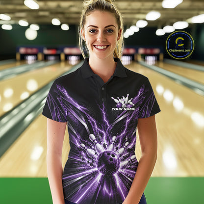 Custom Purple Lightning Bowling Team Jersey, Matching Bowling League Polo Shirt For Women IPHW12346