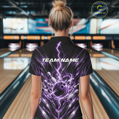 Custom Purple Lightning Bowling Team Jersey, Matching Bowling League Polo Shirt For Women IPHW12346