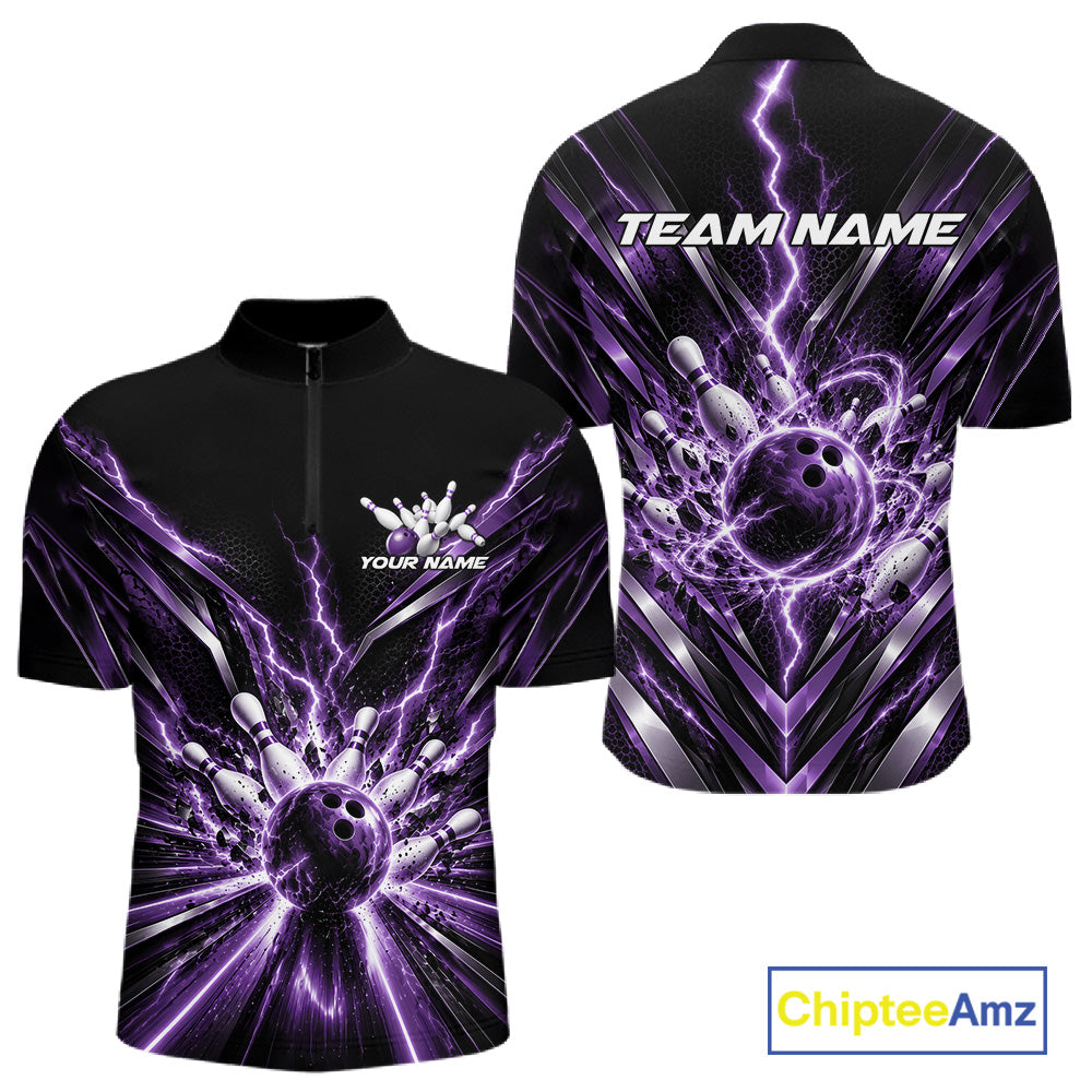 Custom Purple Lightning Bowling Team Jersey, Matching Bowling League Quarter Zip Shirt For Men IPHW12346