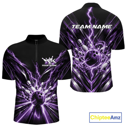 Custom Purple Lightning Bowling Team Jersey, Matching Bowling League Quarter Zip Shirt For Men IPHW12346