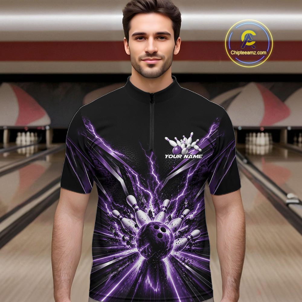 Custom Purple Lightning Bowling Team Jersey, Matching Bowling League Quarter Zip Shirt For Men IPHW12346