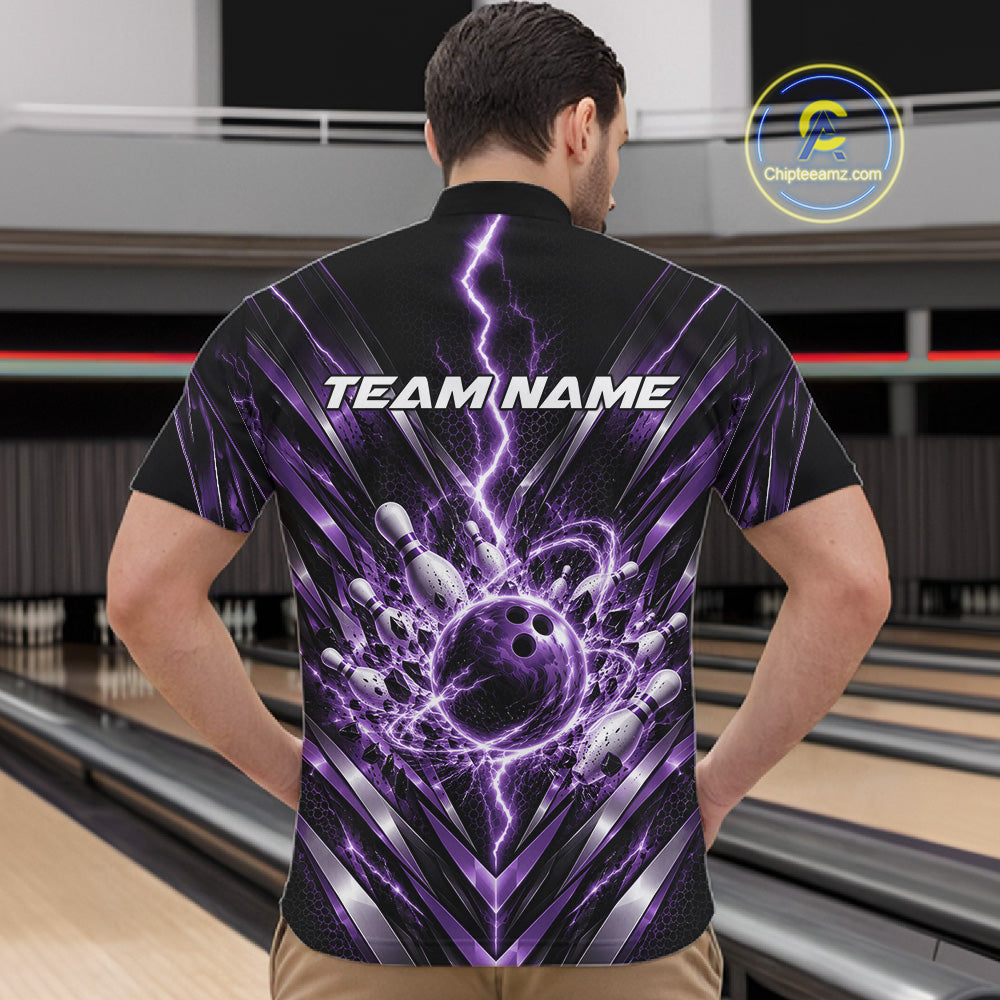 Custom Purple Lightning Bowling Team Jersey, Matching Bowling League Quarter Zip Shirt For Men IPHW12346