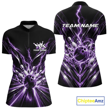 Custom Purple Lightning Matching Bowling League Quarter-Zip Shirt For Women IPHW12346