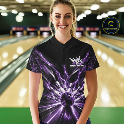 Custom Purple Lightning Matching Bowling League Quarter-Zip Shirt For Women IPHW12346