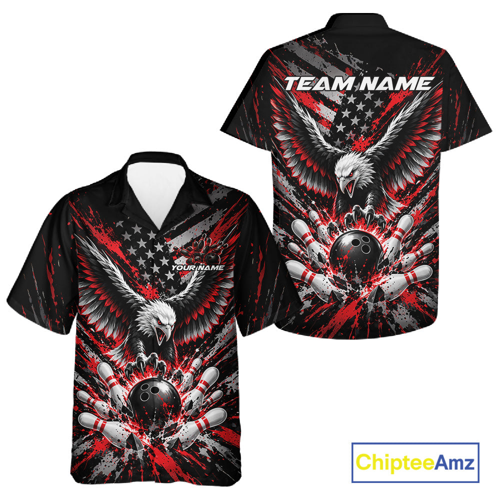 Custom Black And Red Patriotic Eagle Bowling League Men And Women Button Up Shirt, Team Jersey IPHW12353