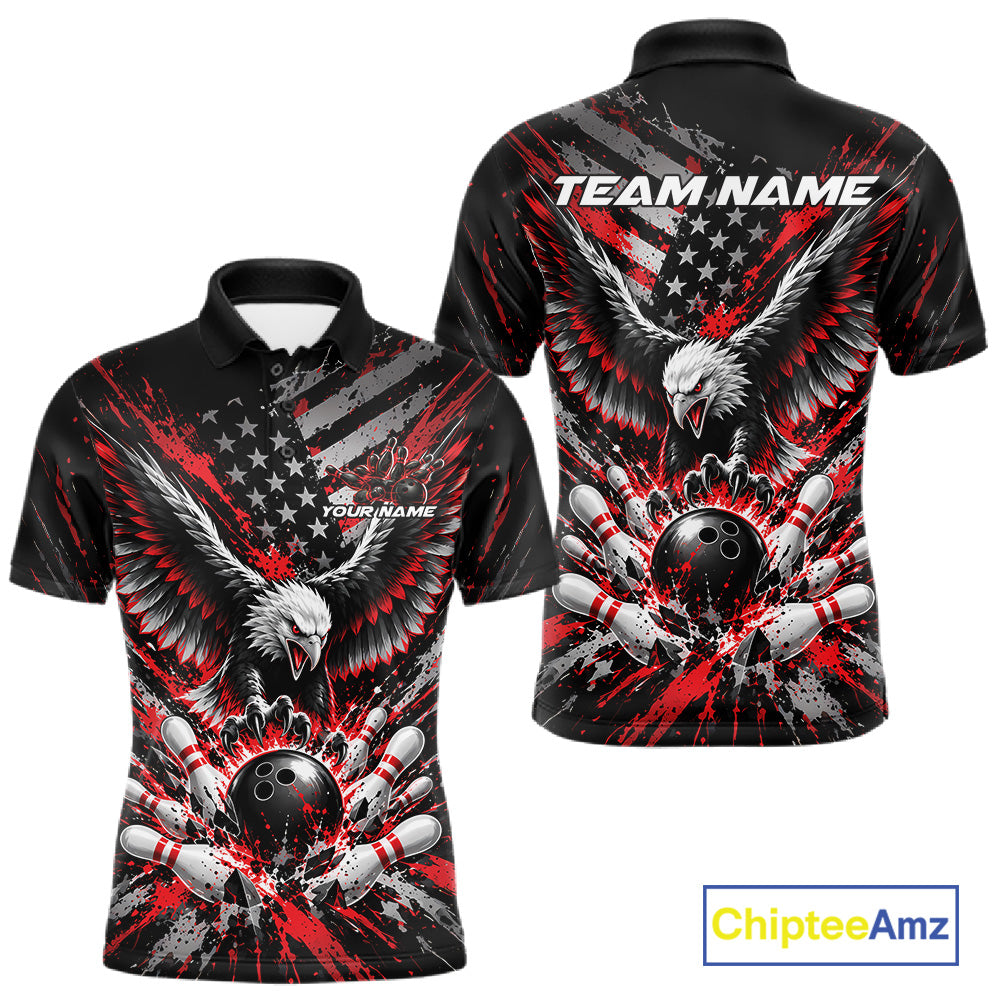 Custom Black And Red Patriotic Eagle Bowling League Men Polo Shirt, Team Jersey IPHW12353