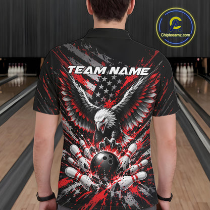Custom Black And Red Patriotic Eagle Bowling League Men Polo Shirt, Team Jersey IPHW12353