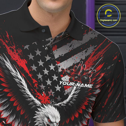 Custom Black And Red Patriotic Eagle Bowling League Men Polo Shirt, Team Jersey IPHW12353