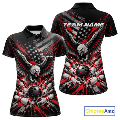 Custom Black And Red Patriotic Eagle Bowling League Women Polo Shirt, Team Jersey IPHW12353