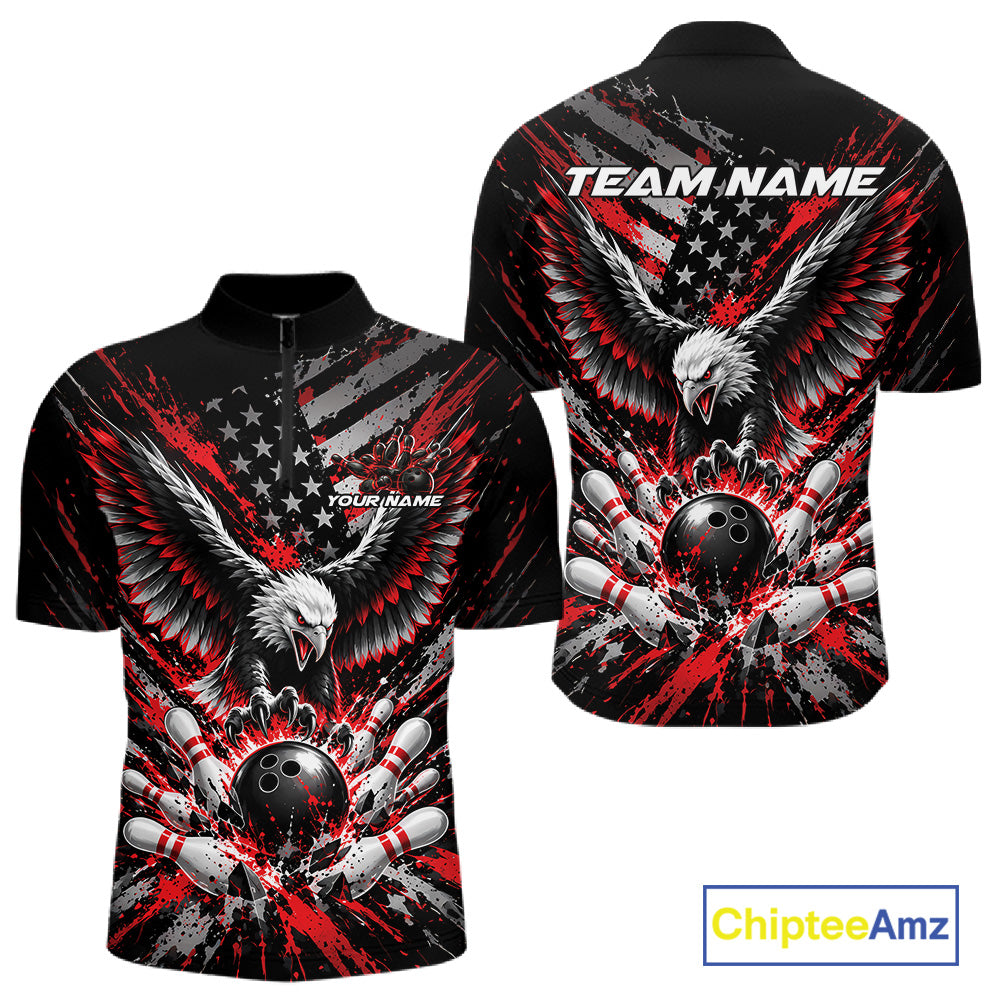 Custom Black And Red Patriotic Eagle Bowling League Men Quarter Zip Shirt, Team Jersey IPHW12353