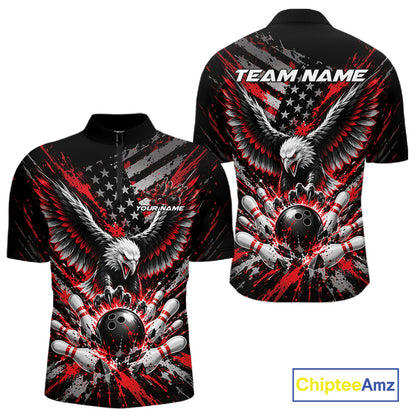 Custom Black And Red Patriotic Eagle Bowling League Men Quarter Zip Shirt, Team Jersey IPHW12353