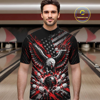 Custom Black And Red Patriotic Eagle Bowling League Men Quarter Zip Shirt, Team Jersey IPHW12353