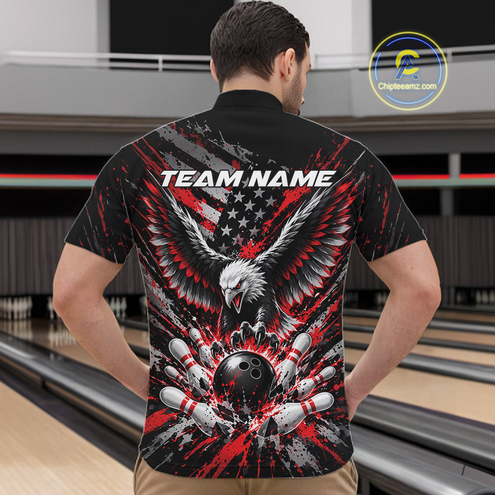 Custom Black And Red Patriotic Eagle Bowling League Men Quarter Zip Shirt, Team Jersey IPHW12353