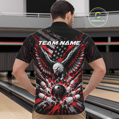 Custom Black And Red Patriotic Eagle Bowling League Men Quarter Zip Shirt, Team Jersey IPHW12353