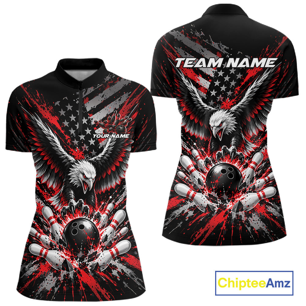 Custom Black And Red Patriotic Eagle Bowling League Women Quarter-Zip Shirt, Team Jersey IPHW12353