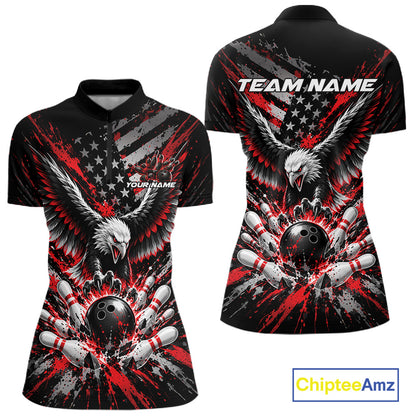 Custom Black And Red Patriotic Eagle Bowling League Women Quarter-Zip Shirt, Team Jersey IPHW12353