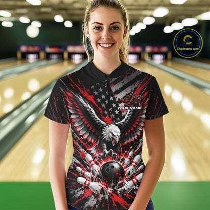 Custom Black And Red Patriotic Eagle Bowling League Women Quarter-Zip Shirt, Team Jersey IPHW12353
