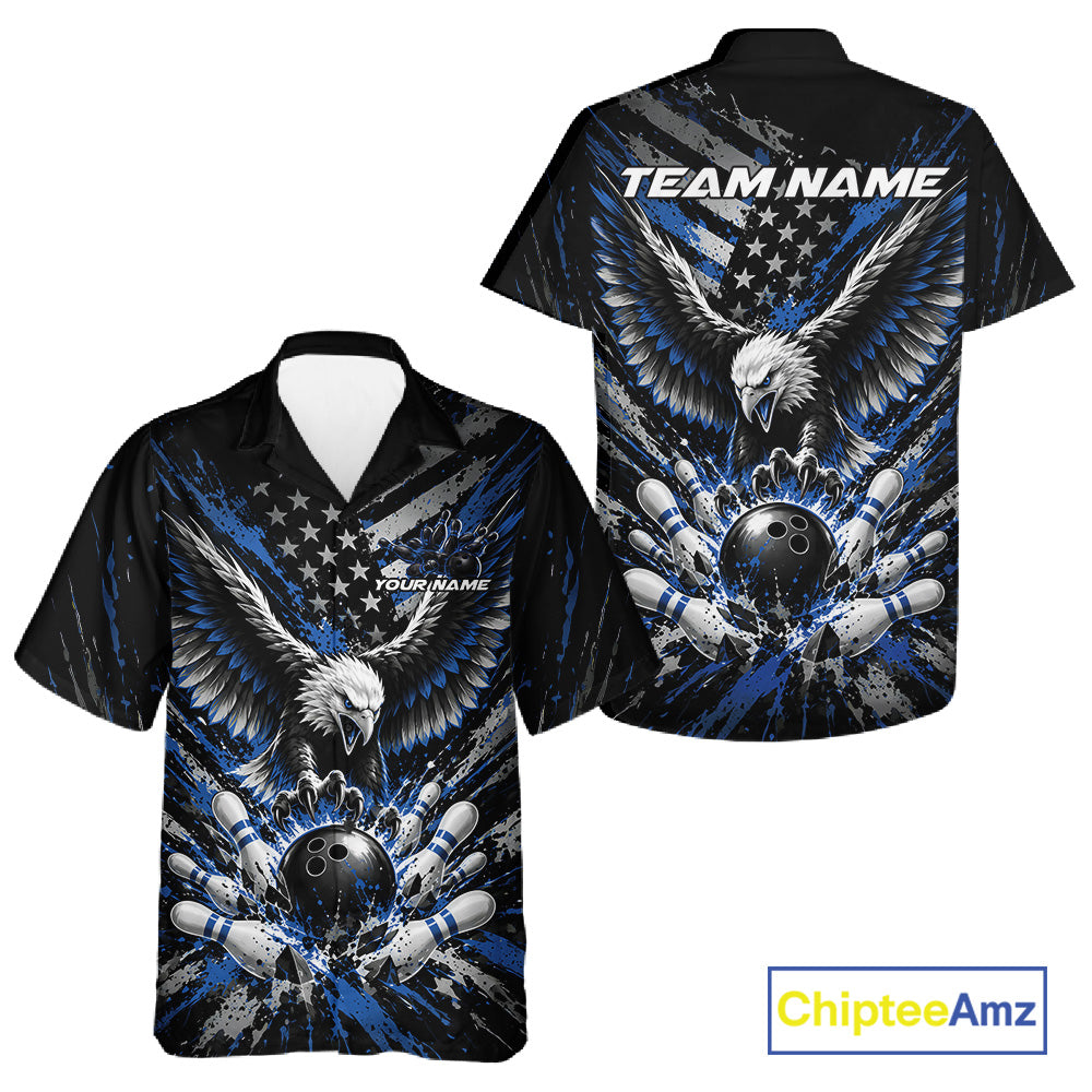 Custom Black And Blue Patriotic Eagle Bowling League Men And Women Button Up Shirt, Team Jersey IPHW12354