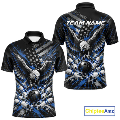 Custom Black And Blue Patriotic Eagle Bowling League Men Polo Shirt, Team Jersey IPHW12354