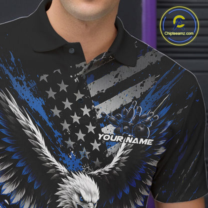 Custom Black And Blue Patriotic Eagle Bowling League Men Polo Shirt, Team Jersey IPHW12354