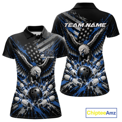 Custom Black And Blue Patriotic Eagle Bowling League Women Polo Shirt, Team Jersey IPHW12354