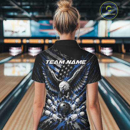 Custom Black And Blue Patriotic Eagle Bowling League Women Polo Shirt, Team Jersey IPHW12354