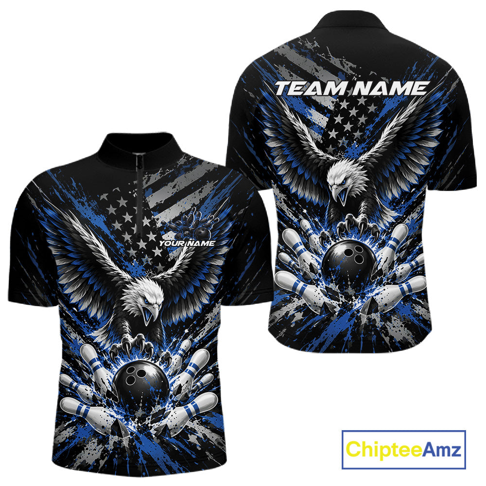 Custom Black And Blue Patriotic Eagle Bowling League Men Quarter Zip Shirt, Team Jersey IPHW12354